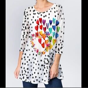 Et’ Lois Art To Wear Tunic Top Hearts Dot Printed Soft Knit Pullover Artsy Sz M